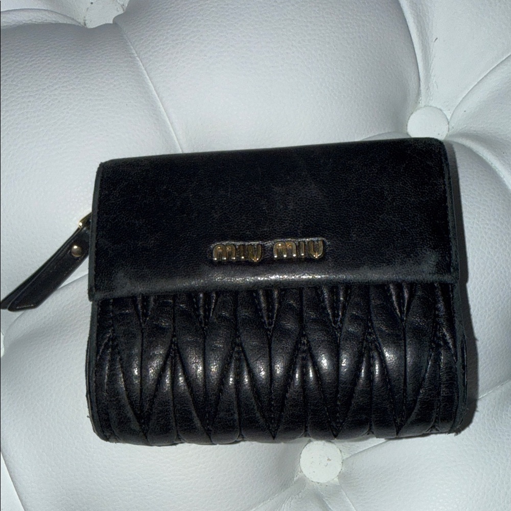 MIU MIU Black Nappa Matelasse Flap Tri-fold Wallet